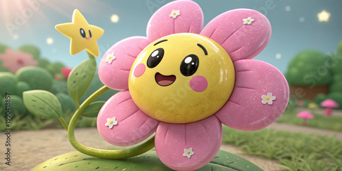 3D cartoon yellow pink flower radiating joy and positivity being playful for children’s media, wellness branding, or digital storytelling, educational content, mental health campaigns.