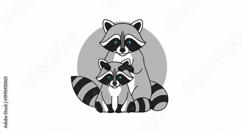 Two cartoon raccoons, one adult and one child, sit together with a circular grey background