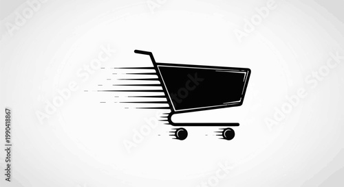 A black silhouette of a shopping cart appears to be moving rapidly, indicated by streaks