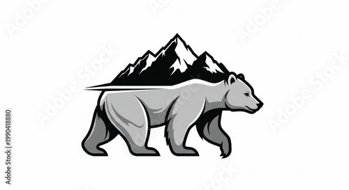 Bear vector mascot walking with mountain peaks background for outdoor adventure and wildlife branding icons