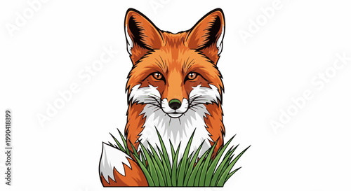 A detailed illustration of a vibrant orange fox peeking from behind green grass