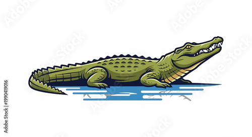 A stylized green crocodile with sharp teeth is emerging from blue water