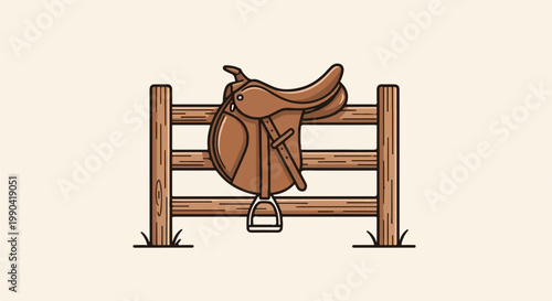A simple, stylized illustration of a brown leather saddle on a wooden fence