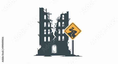 Ruined building with a winding road warning sign