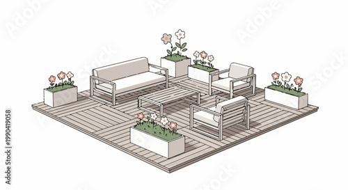 An isometric view of a contemporary outdoor living space with white furniture and floral planters