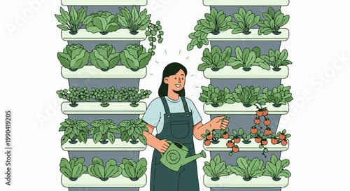 Woman tending to a vertical garden with various green vegetables and fruits