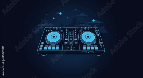 A digital music mixer and decks under a starry, silhouetted city skyline