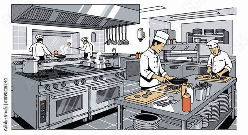 Busy chefs prepare food in a commercial kitchen, with stoves, cutting boards, and utensils visible