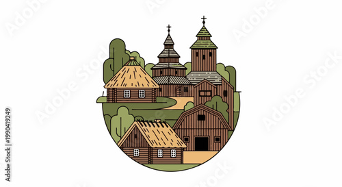 Rustic village scene with traditional wooden buildings and thatched roofs, set among trees