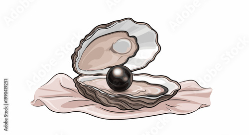 An open oyster reveals a dark, lustrous pearl resting on a soft, pale surface
