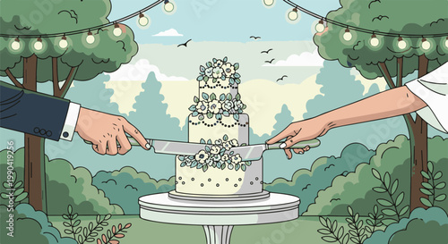 A couple cuts a tiered wedding cake outdoors under string lights and trees