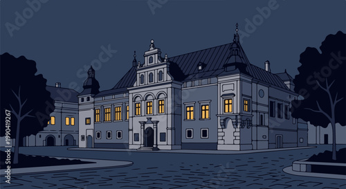 Ornate pixelated building facade with warm window light at dusk