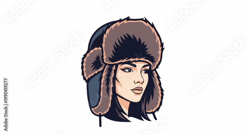 Portrait of a young woman with dark hair wearing a large, brown, furry winter hat