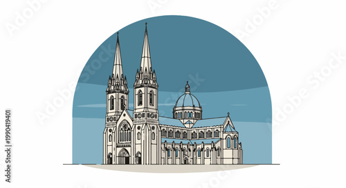 Stylized illustration of a grand cathedral with twin spires and a dome
