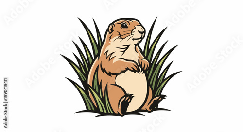 Cute cartoon prairie dog sits upright in tall green grass