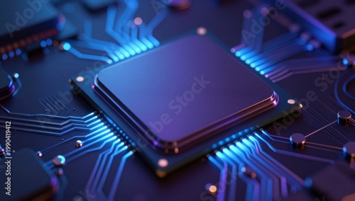 Close-up View of Microprocessor with Neon Circuit Board Design