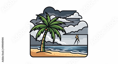 A storm brews over a tropical beach with a lone palm tree and crashing waves