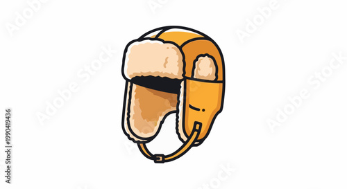 A simple cartoon drawing of a fluffy, orange trapper hat with ear flaps and a chin strap