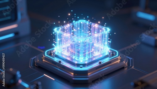 Futuristic Digital Cube with Glowing Particle Effects and Tech Elements