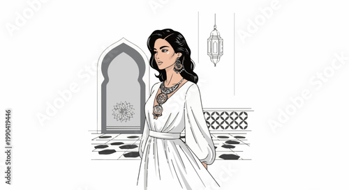 Woman adorned with intricate jewelry and white dress, posed in an ornate architectural setting