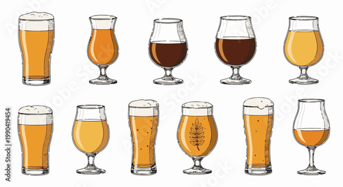 Ten assorted glasses filled with frothy, golden and dark amber beer
