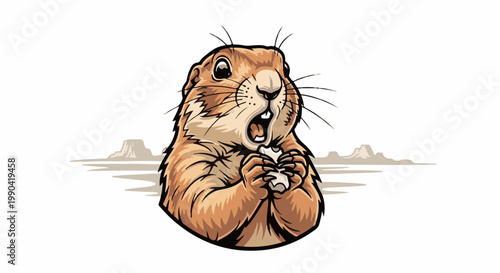 Cartoon prairie dog with wide eyes and open mouth devours food in arid landscape