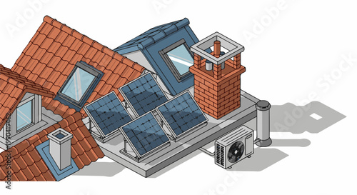 Rooftop view shows solar panels, attic windows, and an air conditioning unit on a tiled roof