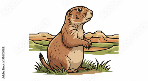 Cartoon prairie dog stands alert in grassy field with arid hills behind it