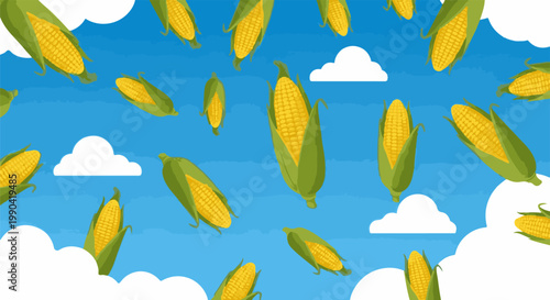 A bright blue sky is filled with floating clouds and scattered ears of golden corn