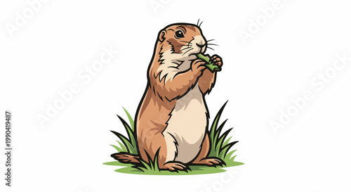 Cute cartoon prairie dog sitting in grass, eating a green stalk