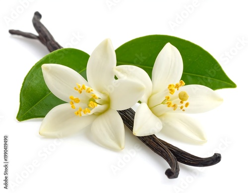 White Vanilla Flowers With Dried Pods And Green Leaves Studio Photography Macro Shot Isolated On White Background For Culinary And Cosmetic Design