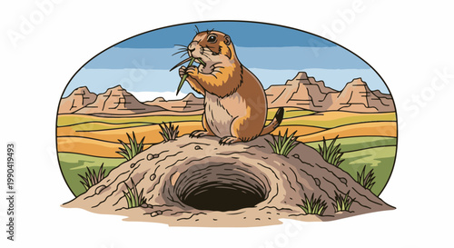 Prairie dog on mound near burrow, eating grass, with badlands and sky backdrop