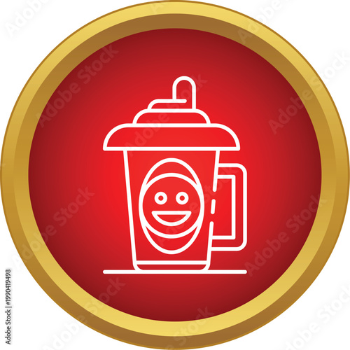 Sippy cup with a happy face icon within a red and gold button