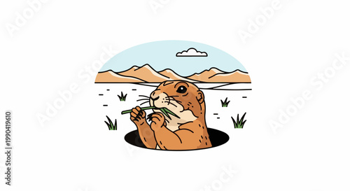 A cute prairie dog peeks out of its burrow, munching on grass under a desert sky with mountains