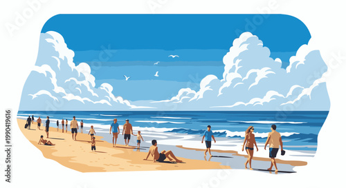 A vibrant beach scene unfolds with people strolling on golden sand under a bright blue sky with fluffy white clouds