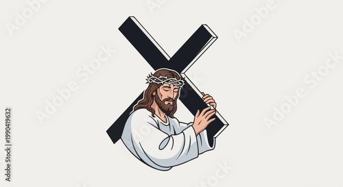 Man in crown of thorns carries large cross