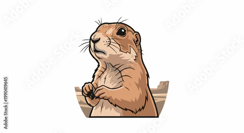 Stylized prairie dog peeks from its burrow, alert and curious, against a muted desert background
