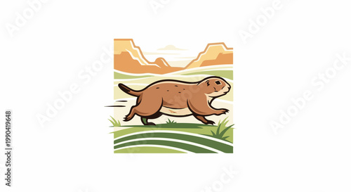A cartoon prairie dog runs through a grassy field with arid rock formations in the background