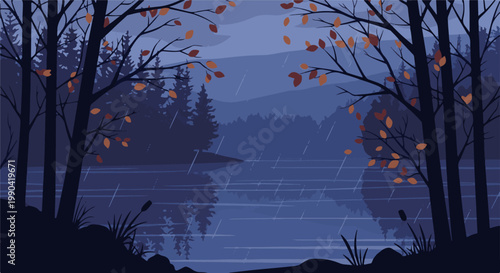 Rainy autumn evening by a tranquil lake with trees shedding orange leaves