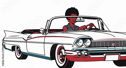 Woman with afro driving a vintage white convertible car with red accents