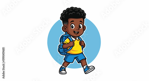 Cheerful boy with curly hair and backpack walks happily towards school