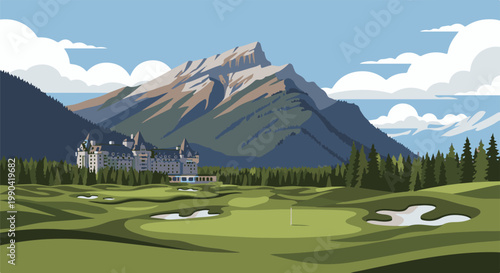 Grand hotel nestled in a mountain valley beside a golf course, with scenic clouds above
