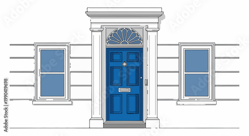 Elegant blue entrance door with fanlight, flanked by symmetrical windows on a stucco facade