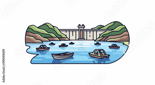 A pixel art illustration of a dam and lake with boats and hills