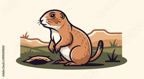 A stylized prairie dog sits by its burrow in a grassy, desert landscape