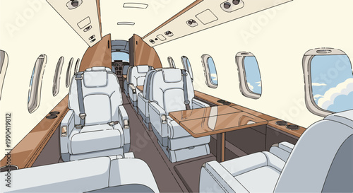 Interior view of a luxurious private jet cabin with plush seats and windows