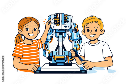 Children standing with a large robot. Cute technology education illustration isolated on white. Boy and girl pose beside a futuristic robot in a bright friendly scene about innovation and learning. 