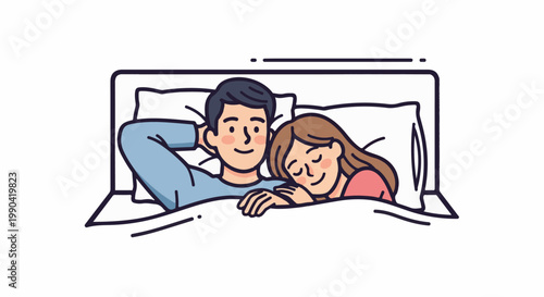 A man and woman sleep comfortably in bed, snuggled together under white covers, on a white background