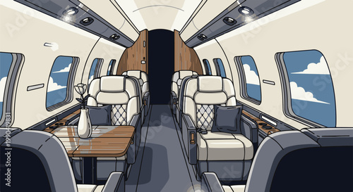 Inside a luxurious private jet cabin with plush seats and windows showing clouds