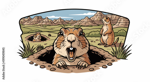 Prairie dogs pop out of burrows in a rocky, grassy landscape under a cloudy sky